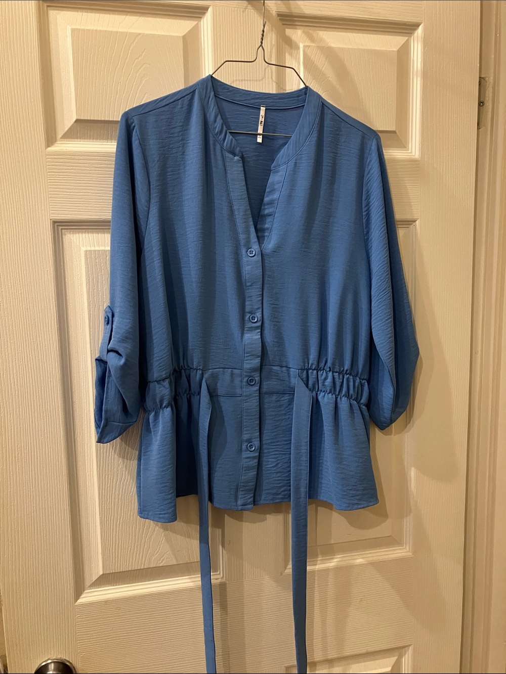3RD + MALT Blue Button-Front Drawstring Peplum Shirt